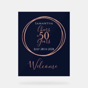 50th Birthday Cheers 50 Years Party Navy Rose Gold Acrylic Sign
