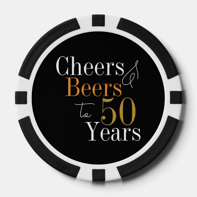 50th Birthday Cheers and Beers Black Gold Party Poker Chips (Front)