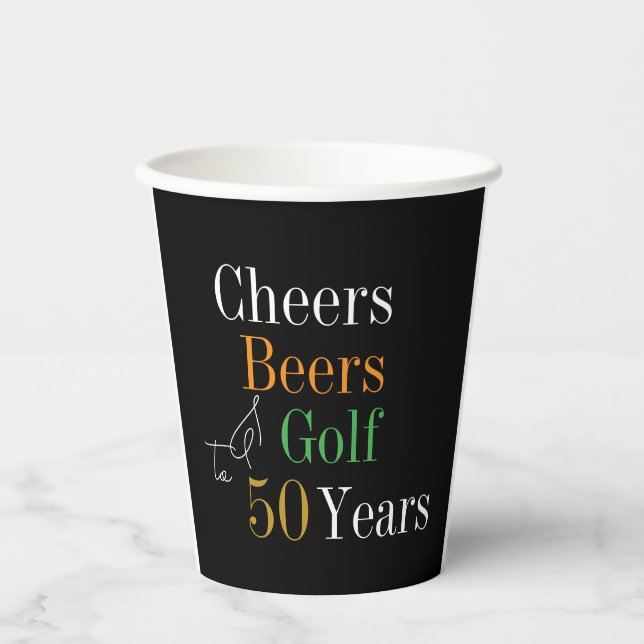 50th Birthday Cheers and Beers Golf Black and Gold Paper Cups (Front)