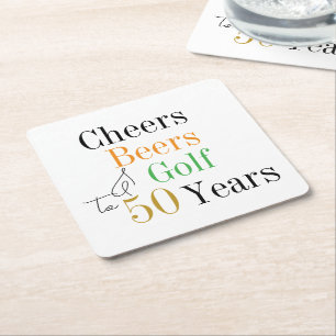50th Birthday Cheers and Beers Golf Party Square Paper Coaster