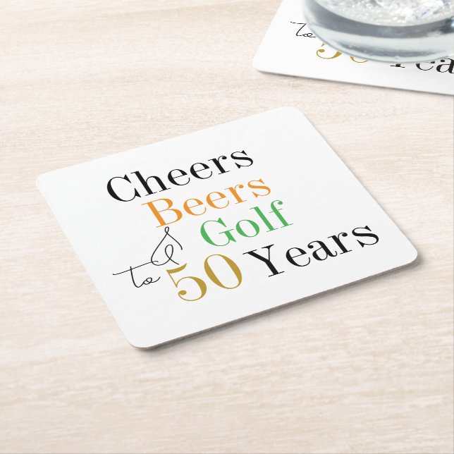 50th Birthday Cheers and Beers Golf Party Square Paper Coaster (Angled)