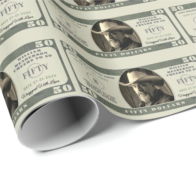 50th Birthday Cheers to 50 Dollar Bill Wrapping Paper (Roll Corner)