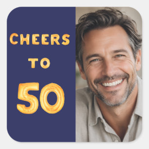 50th birthday cheers to 50 navy blue gold balloon square sticker