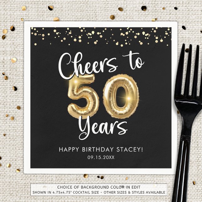 50th Birthday Cheers to 50 Years Black Gold Napkin (Creator Uploaded)