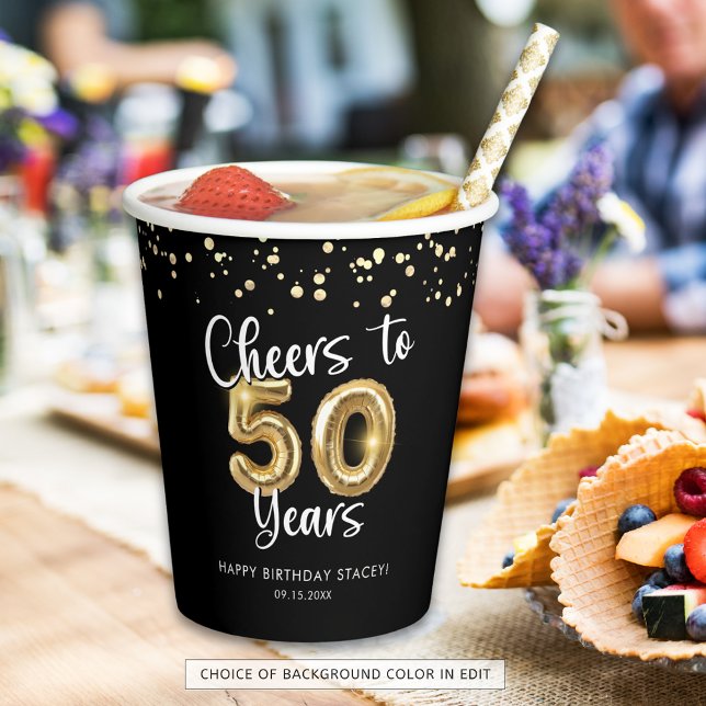 50th Birthday Cheers to 50 Years Black Gold Paper Cups (Creator Uploaded)