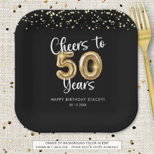 50th Birthday Cheers to 50 Years Black Gold Paper Plate