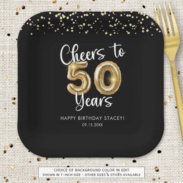 50th Birthday Cheers to 50 Years Black Gold Paper Plate (Creator Uploaded)