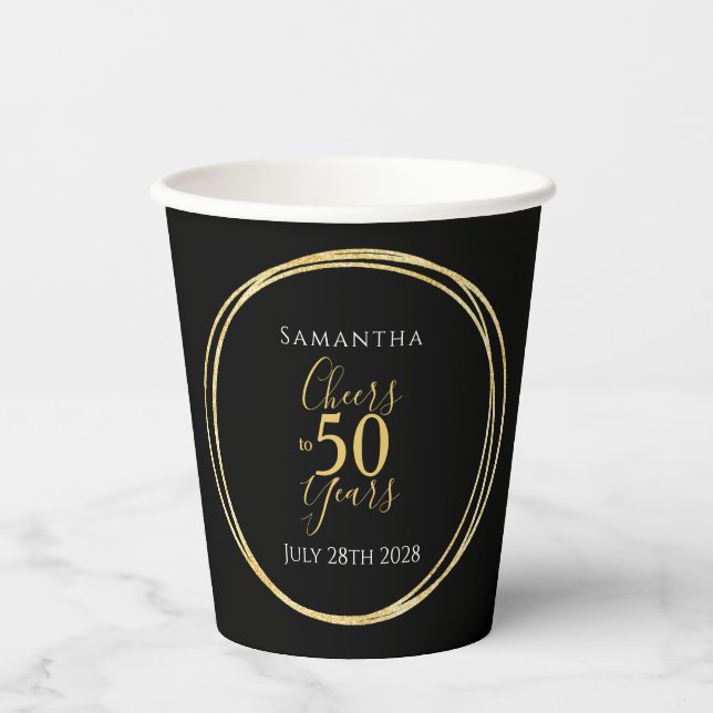 50th Birthday Cheers to 50 Years Black Gold Party Paper Cups (Front)