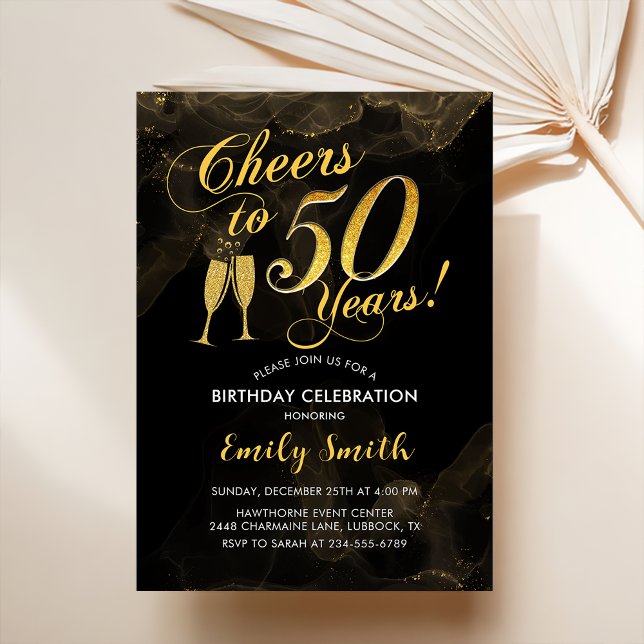 50th Birthday - Cheers To 50 Years Gold Black Invitation (Creator Uploaded)