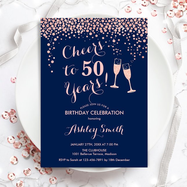 50th Birthday - Cheers To 50 Years Rose Gold Navy Invitation (Creator Uploaded)