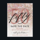 50th Birthday Chic Glitter Ombre Save The Date Postcard<br><div class="desc">Modern chic girly save the date postcard for 50th  birthday. Design featuring champagne sparkly glitter texture,  rose gold 50 and calligraphy script fifty. Personalize with a name and party details.</div>