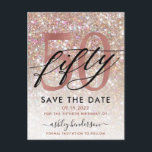 50th Birthday Chic Glitter Ombre Save The Date Postcard<br><div class="desc">Modern chic girly save the date postcard for 50th  birthday. Design featuring champagne sparkly glitter texture,  rose gold 50 and calligraphy script fifty. Personalize with a name and party details.</div>