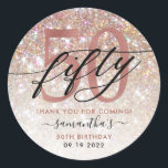 50th Birthday Chic Glitter Ombre Thank You Classic Round Sticker<br><div class="desc">Modern chic girly thank you stickers for 50th  birthday. Design featuring champagne sparkly glitter texture,  rose gold 50 and calligraphy script fifty. Personalise with a name and date.</div>