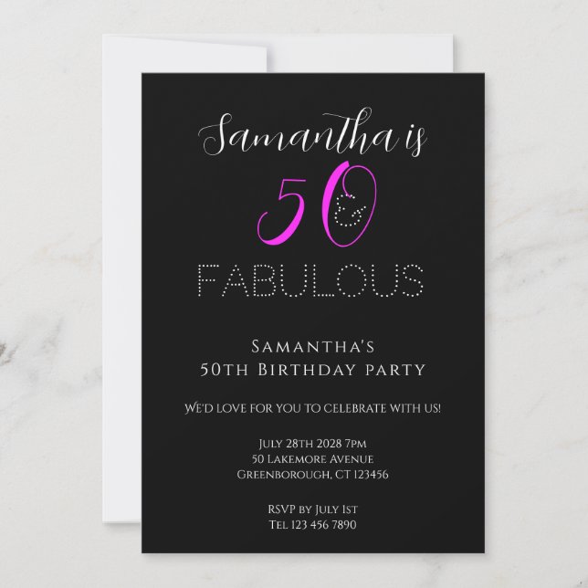 50th Birthday Chic Hot Pink Black Party  Invitation (Front)
