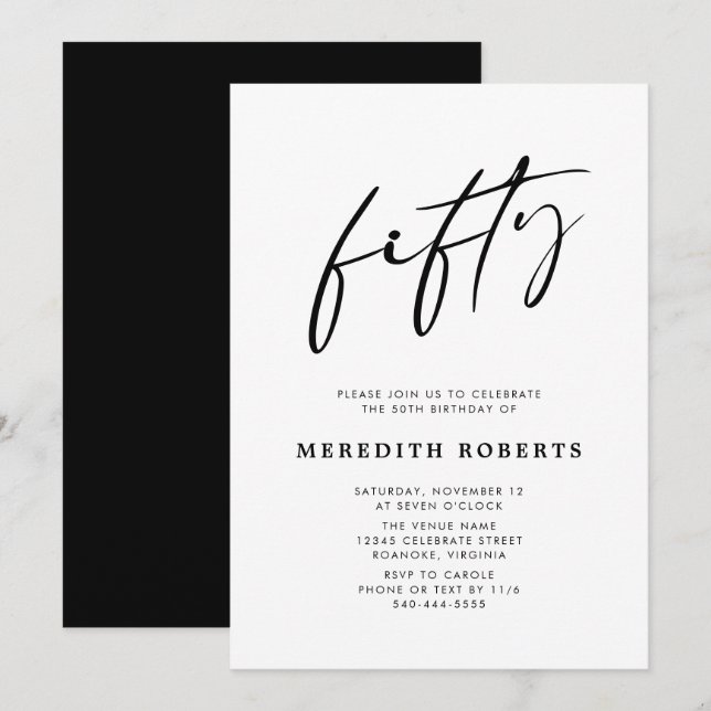 50th Birthday Chic Modern Script Minimalist Party  Invitation (Front/Back)