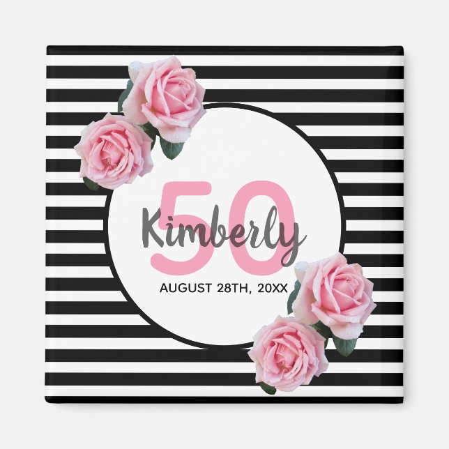 50th birthday chic pink roses black white stripes magnet (Front)