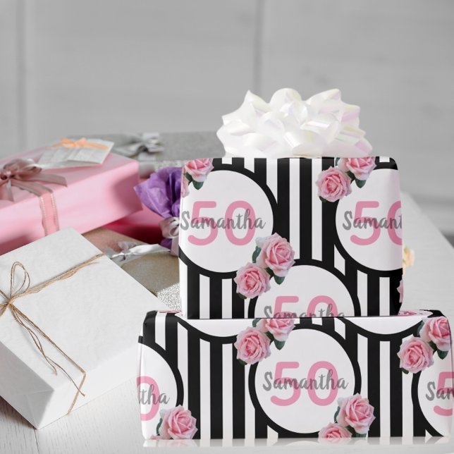 50th birthday chic pink roses black white stripes wrapping paper (Creator Uploaded)