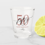 50th Birthday Chic Rose Gold Shot Glass<br><div class="desc">Modern chic girly shot glass for 50th  birthday. Design featuring champagne sparkly glitter texture,  rose gold 50 and calligraphy script fifty. Personalise with a name.</div>