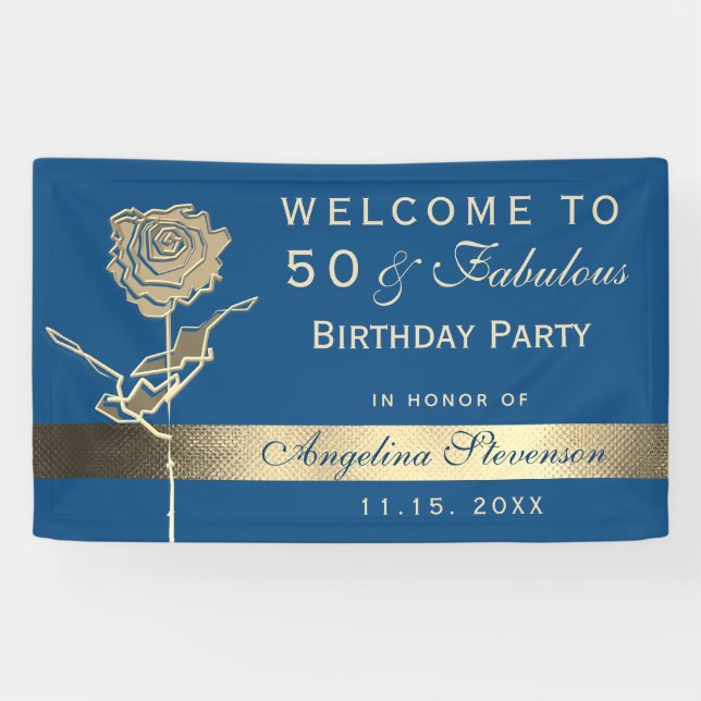 50th Birthday Classic Blue and Gold Welcome Party Banner (Horizontal)
