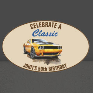 50th Birthday Classic Yellow Muscle Car  Oval Sticker