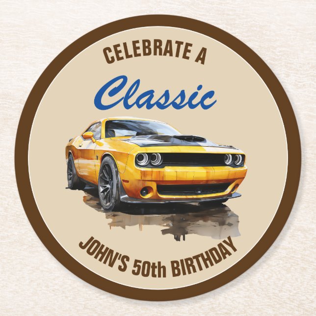 50th Birthday Classic Yellow Muscle Car  Round Paper Coaster (Front)
