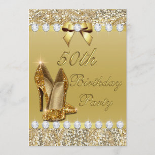 50th Birthday Classy Gold Heels Sequins Diamonds Invitation