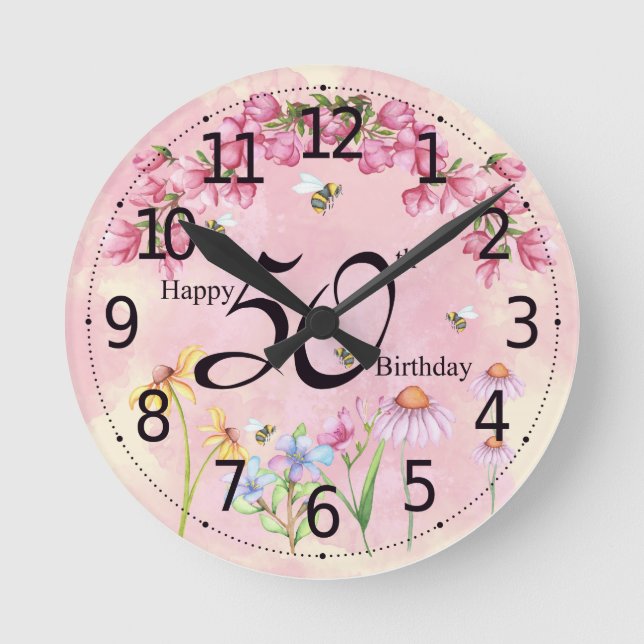 50th birthday Clock with Flower And Bees (Front)