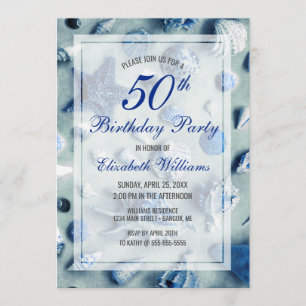 50th Birthday Coastal Seashells Blue Invitation