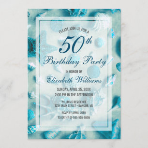 50th Birthday Coastal Seashells Turquoise Invitation