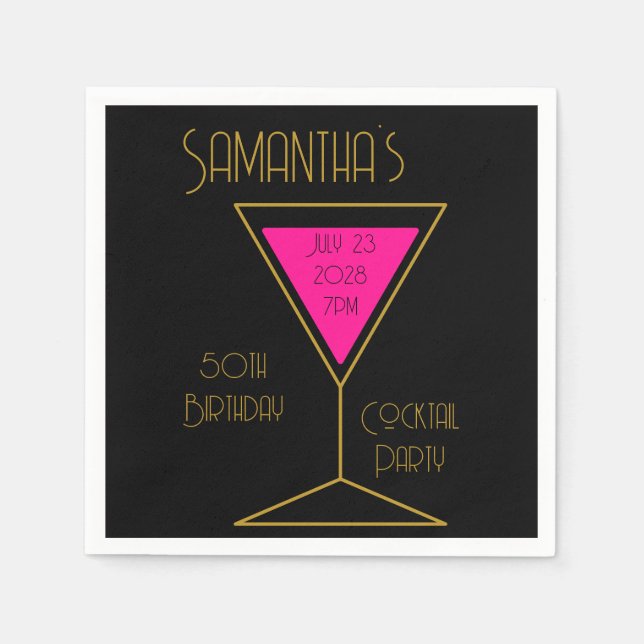50th Birthday Cocktail Party Black Gold Hot Pink Napkin (Front)