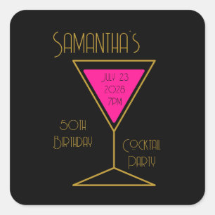 50th Birthday Cocktail Party Black Gold Hot Pink Square Sticker