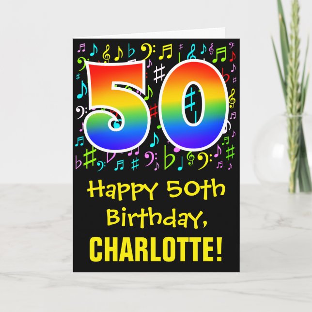 50th Birthday: Colorful Music Symbols + Rainbow 50 Card (Front)