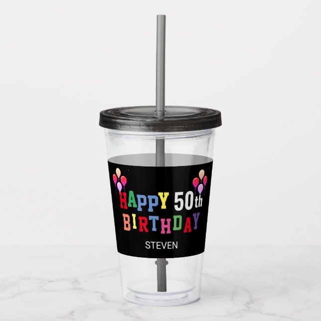 50th Birthday Colourful Balloons Personalised Acrylic Tumbler (Front)