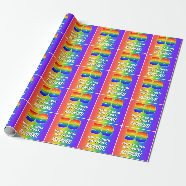 50th Birthday: Colourful, Fun Rainbow Pattern # 50 Wrapping Paper (Unrolled)