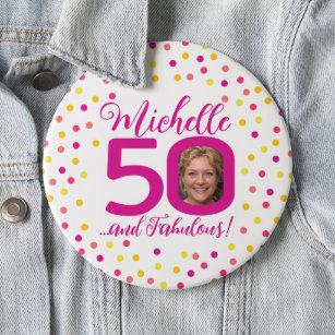 50th birthday colourful pink yellow confetti photo 6 cm round badge