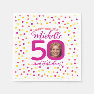 50th birthday colourful pink yellow confetti photo napkin