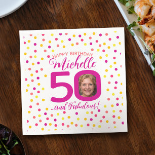 50th birthday colourful pink yellow confetti photo napkin
