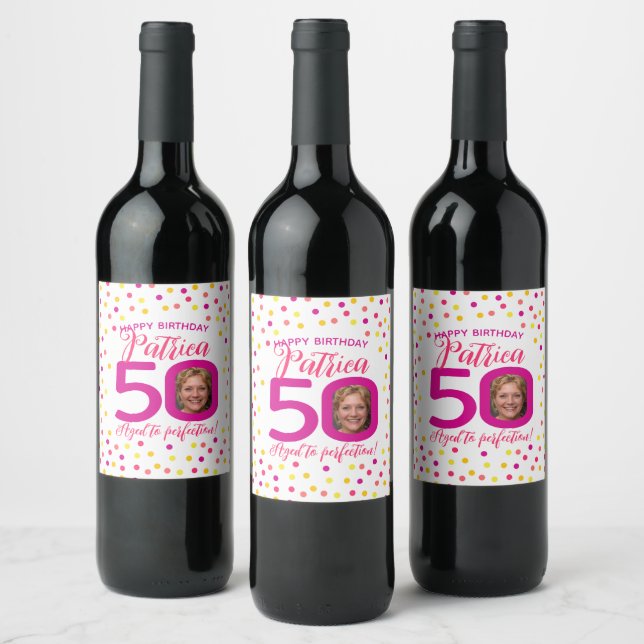 50th birthday colourful pink yellow confetti photo wine label (Bottles)