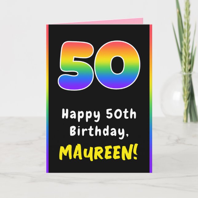 50th Birthday: Colourful Rainbow # 50, Custom Name Card (Front)
