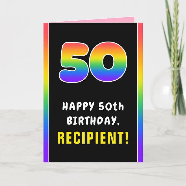 50th Birthday: Colourful Rainbow # 50, Custom Name Card (Front)
