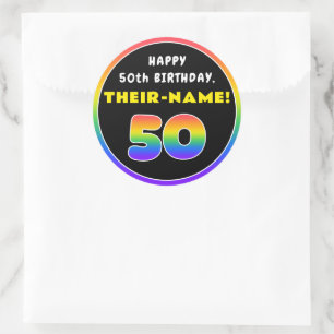 50th Birthday: Colourful Rainbow # 50, Custom Name Classic Round Sticker
