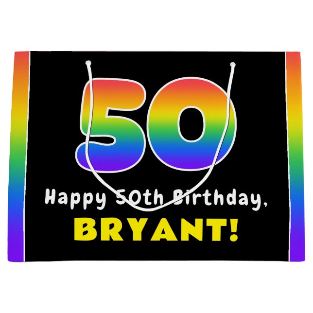 50th Birthday: Colourful Rainbow # 50, Custom Name Large Gift Bag (Front)