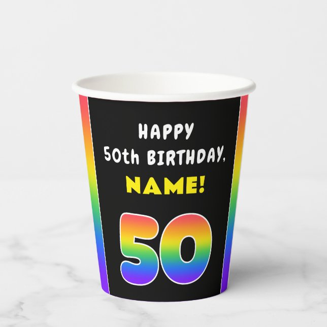 50th Birthday: Colourful Rainbow # 50, Custom Name Paper Cups (Back)