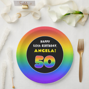 50th Birthday: Colourful Rainbow # 50, Custom Name Paper Plate