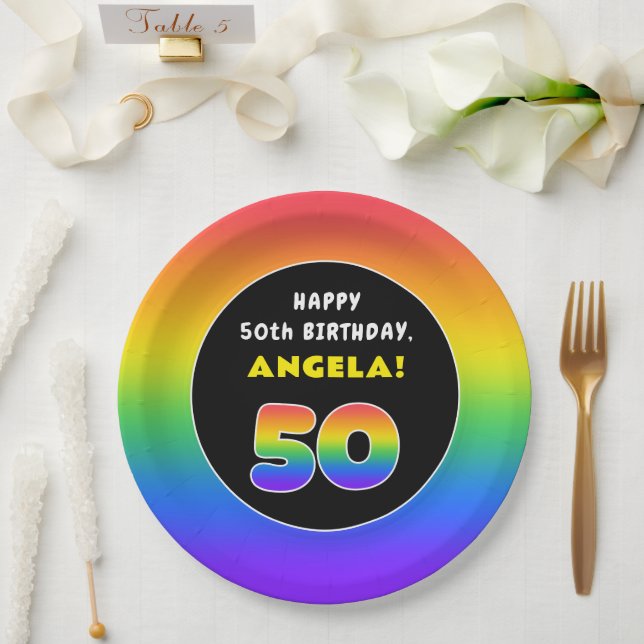 50th Birthday: Colourful Rainbow # 50, Custom Name Paper Plate (Wedding)