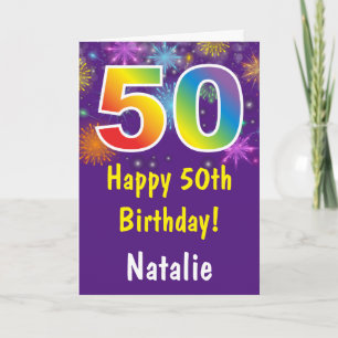 50th Birthday Colourful Rainbow Fireworks Purple Card