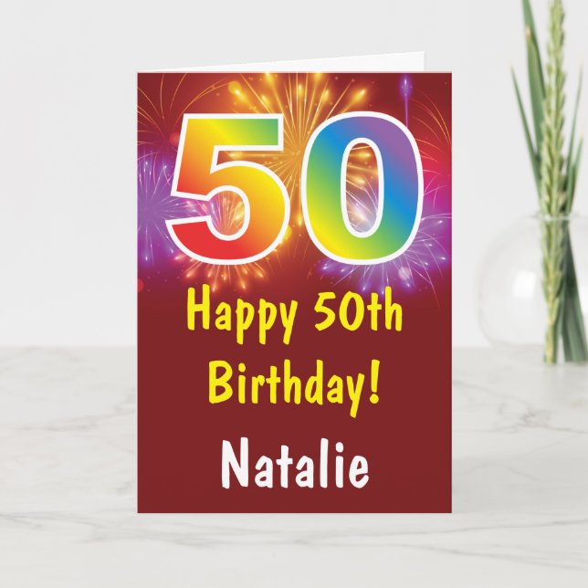 50th Birthday Colourful Rainbow Fireworks Red Card (Front)