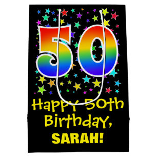 50th Birthday: Colourful Stars Pattern & Rainbow 5 Medium Gift Bag