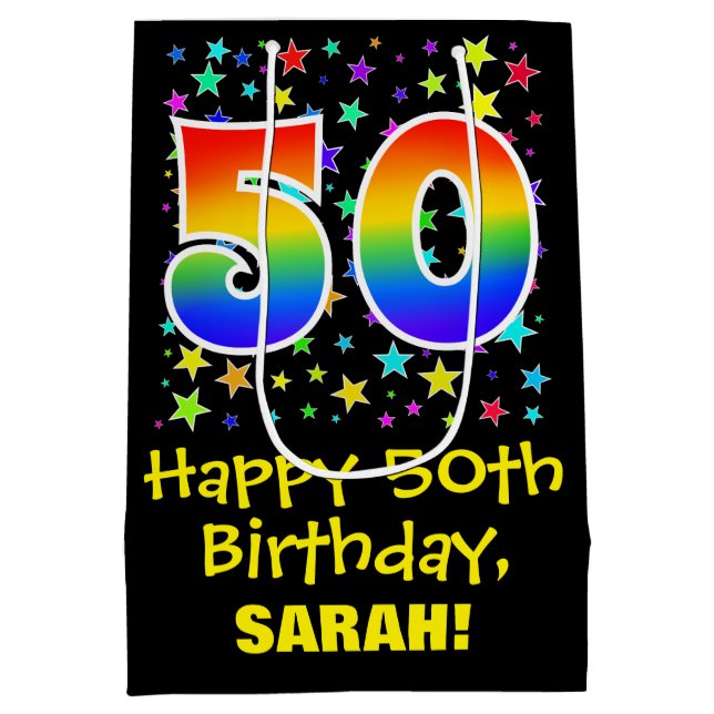 50th Birthday: Colourful Stars Pattern & Rainbow 5 Medium Gift Bag (Back)