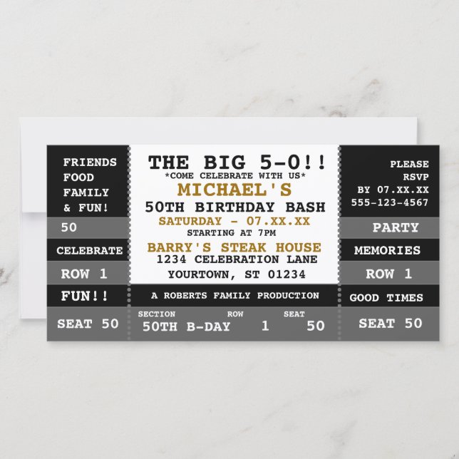 50th Birthday Concert Ticket Party Invitations (Front)